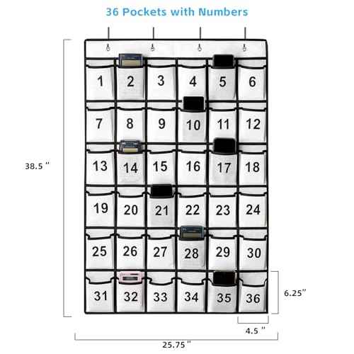 36 Pockets Numbered Classroom Pocket Chart for Cell Phones, Hanging Pocket Chart Storage for Classroom Phone Calculator Holder with 4 Stainless Steel Hooks (White-36pockets)