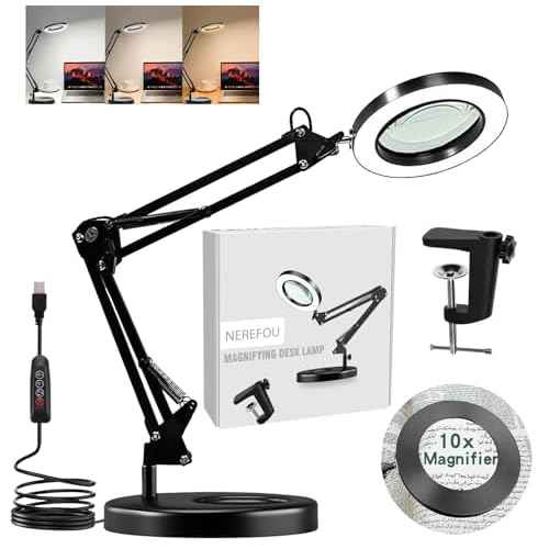 Magnifying Glass with Light and Stand, 10X Magnifying Lamp, 2-in-1 Magnifying Desk Lamp with Clamp, 3 Color Mode, Magnifying Glasses with Light for Close Work (Base £¦ Clamp)