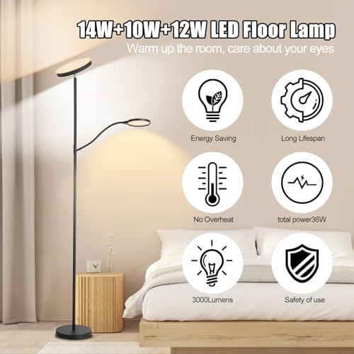 LED Floor Lamp, 36W/3000LM Super Bright Modern Tall Standing Lamp, 3 Color Temperatures Torchiere Sky Lamp with Dimmable Reading Light, Remote & Touch Control for Living Room, Bedroom, Office