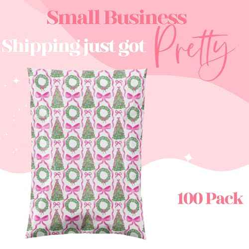 14.5x19 Designer Poly Mailer 100 Pack Heavy Duty Waterproof Self Seal Shipping Bags for Small Business Large Mailing Envelopes Bulk Tear Resistant Packaging Coquette Christmas Holiday Bows