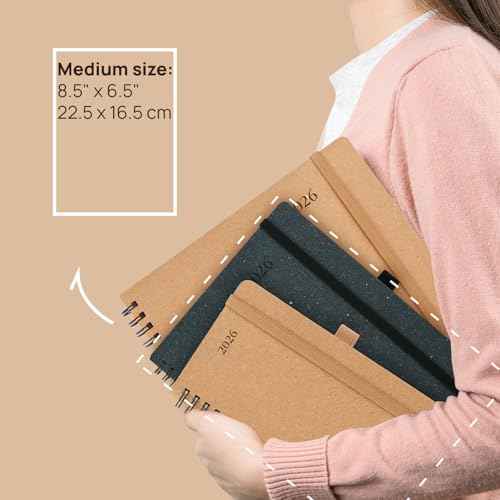 POPRUN 2026 Planner - 2026 Recycled Weekly Planner [Italian Regenrated Leather - Medium Size 6.5'' x 8.5''] - 2026 Weekly Planner with Hourly Schedule, Monthly Tabs-26-WERO7-DST - Desert Brown