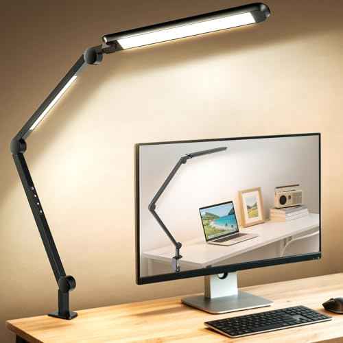 LED Desk Lamp with Clamp, Clip-on Architect Desk Lamp with Dual Light Source for Home Office, Adjustable Swing Arm Table Light, with Remote, 4 Color Mode & Brightness, For Crafting Sewing Reading
