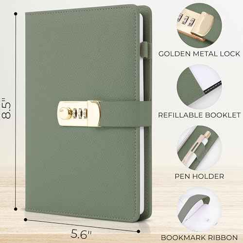 Aesthetic Diary with Lock ? Beautiful Leather Journal with Easy to Change Code Lock & Refillable Pages ? Quality Planner for Women with Bookmark & Pen Holder to Securely Protect Thoughts & Memories