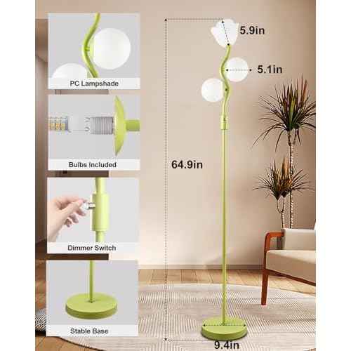 Lightdot Dimmable Green Floor Lamp, Mid Century Standing Lamps with 1 Flower & 2Globe Lampshades & 3PCS Warm White 3000K Bulbs Included, Modern Tall Lamp for Living Room