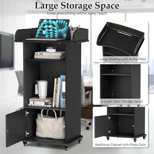 Suuiwau Portable Podium Stand with 4 Wheels, Black – Mobile Lectern with 2 Shelves, Cabinet & Desk for Church, Classroom, Restaurant, Office