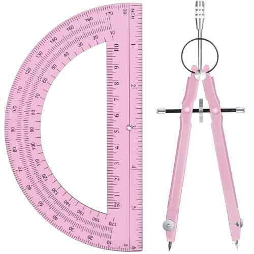 EBOOT Student Geometry Math Set, Metal Drawing Compass and 6 Inch Clear Swing Arm Protractors 180 Degree Math Protractor(Pink and Pink)