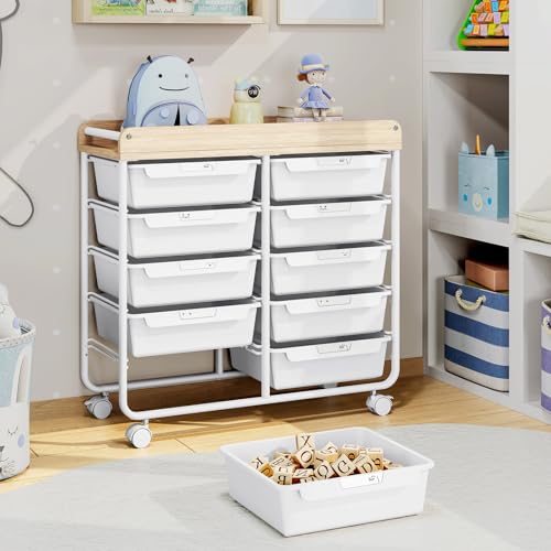 APEXCHASER White 10-Drawer Rolling Storage Cart with Wooden Top - Home & Office
