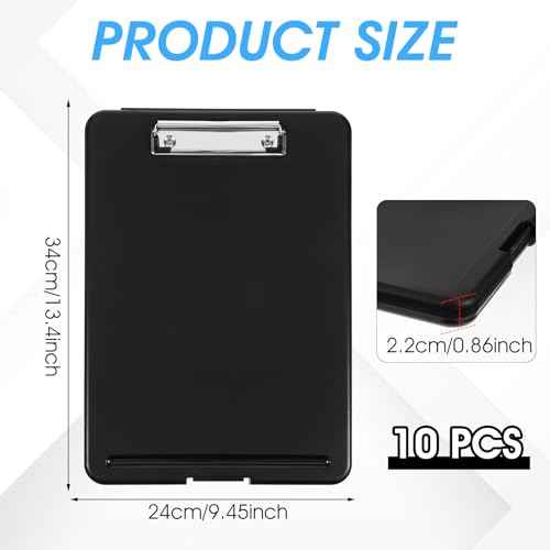 10 Pcs Storage Clipboard Nursing Clipboard with Storage and Low Profile Clip PP Plastic Foldable Clipboards Storages for Home Office School, (9.5 x 13.5 Inch, Black)