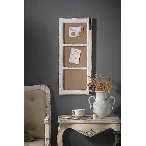 SOFE 32 Inch Long Linen Framed Bulletin Board, Creative Window Frame Wall Decor, Distressed White Fabric Pin Board, Narrow Farmhouse Message Board Decorative Vision Board/Memo Board