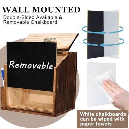 Wood Suggestion Box with Slot and Lock,Wooden Tip Money Drop Donation Boxes For Saving Fundraising,Prayer Ballot Comment Box Countertop Wall Mounted with Chalkboard and Keys for Church,Wedding