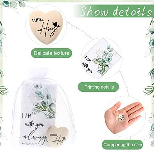Bucherry 100 Sets Wooden Heart Pocket Hug Token with Bible Hug Card Organza Bag Bulk Student Gift Relationship Gift Love Pocket Reminder Keepsake Heart Charm for Family Friend Colleagues