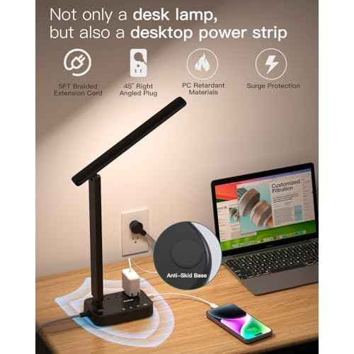 Addtam LED Desk Lamp, Power Strip with 3 Outlets 4 USB Charging Ports(2 USBC), 4 Modes 5 Level Brightness Touch Lamp, Small Desk Lamp for Home Office College Dorm Room Essentials