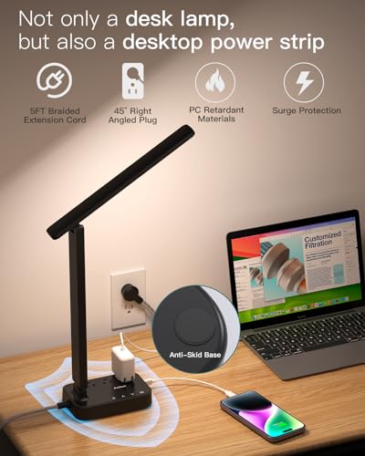 Addtam LED Desk Lamp with 4 Modes & USB Power Strip - Black, 5 FT Cord