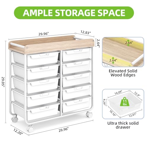 APEXCHASER White 10-Drawer Rolling Storage Cart with Wooden Top - Home & Office