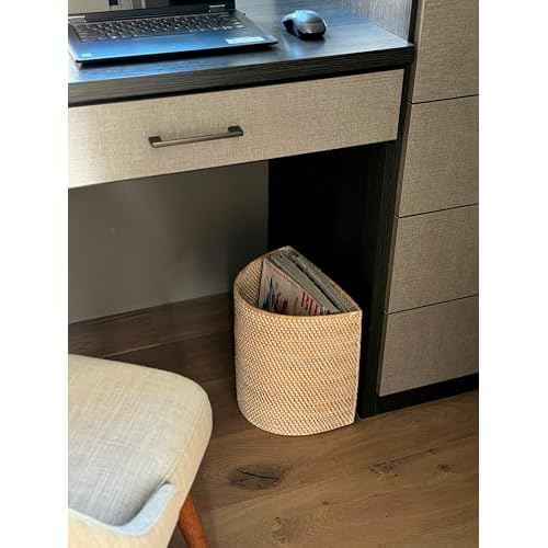 KOUBOO Laguna Half-Moon Rattan Waste Basket ? Decorative Trash Can for Bathroom, Bedroom, Kitchen & Office ? Boho Home Decor, Small Wicker Basket for Trash Storage, Off-White/Latte
