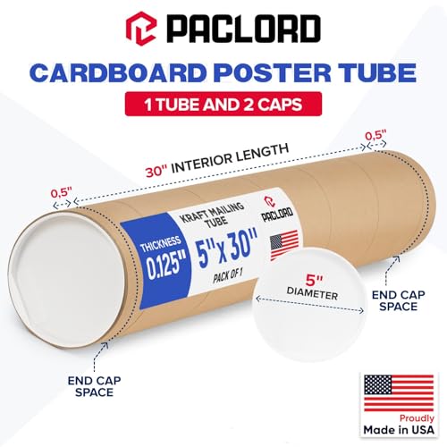5" x 30" Made in USA Kraft Paper Mailing Tube, 1 Tube, 2 Caps