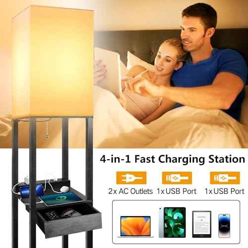 Shelf Floor Lamps for Living Room,Tall Standing Lamp with Shelves and Drawer,2 USB Charging Ports & 2 Power Outlet,Bright 3CCT LED Bulb Included - Black