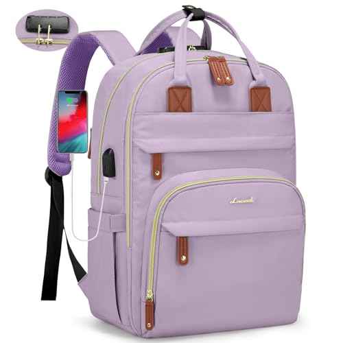 LOVEVOOK Laptop Backpack Purse for Women, Unisex Large Capacity 17 Inch Travel Anti-theft Bag, Work Business Computer Bags backpack, Casual Hiking Daypack with Lock, Light Purple