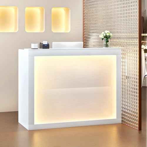 TC-HOMENY Reception Desk with LED Lights, 55'' Retail Counter Modern with Storage Shelves and Cable Grommet, Front Table, Salon Desk, Office Table,White