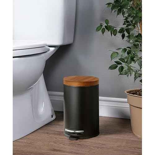 SunnyPoint Elite Bamboo Lid 4.5 Liter / 1.2 Gallon Round Trash Can with Plastic Inner Bucket; Bathroom, Office, Kitchen and Bedroom Step On and Slow Close (Black)