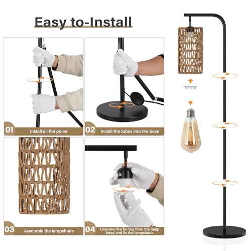 Boho Rattan Floor Lamp for Living Room - Rustic Hand-Made Wicker Farmhouse Standing Lamps with 3000K Soft Light, Foot Switch & Sturdy Base, Bedroom Office Corner Lamp for Reading Sleeping
