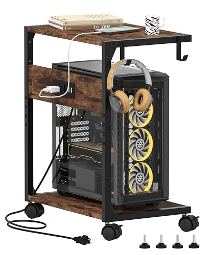 Akxomel Rustic Brown Computer Tower Stand with Charging Station — 11.8 x 16.5 x 23.2 in
