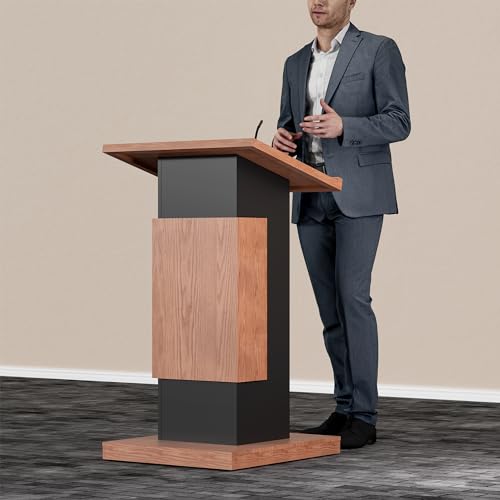 LayBurst Podium Stand with Lockable Wheels - Wood Lectern with Storage (Wood & Black) 15mm Particle Board