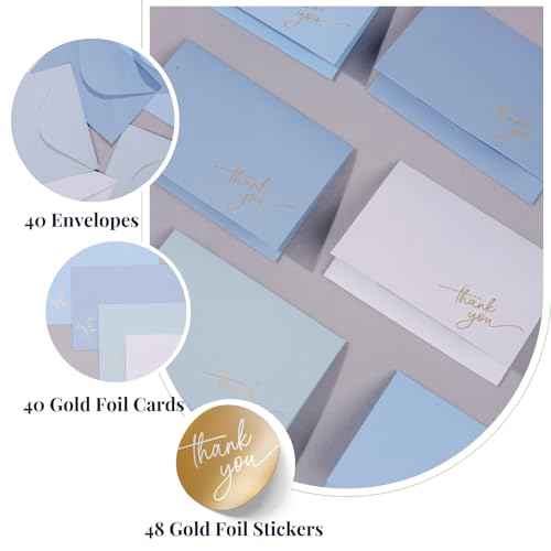 Gold Foil Thank You Cards - Bulk Pack of 40, 5x3.5 Inch with Matching Stickers & Envelopes (Blue) Textured Surface for a Unique Feel - Suitable for Baby Shower, Wedding, Small Business, Graduation