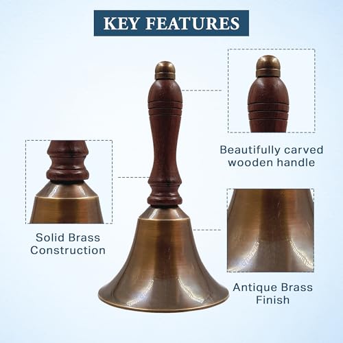 Antique Brass Hand Call Bell - 3-inch Wedding & Holiday Bell with Wooden Handle, Pack of 1