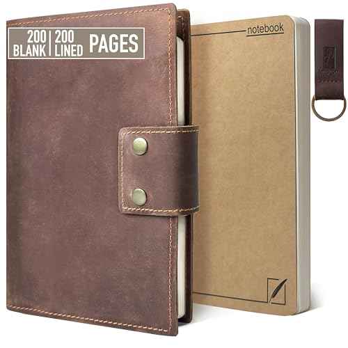Albero Genuine Leather Refillable Journal for Men & Women - 5x8 Vintage Brown Handmade Leather Cover, 200+200 Lined & Unlined Pages (100gsm) - A5 Notebook Travel, Engineering, Executive & Writers Use