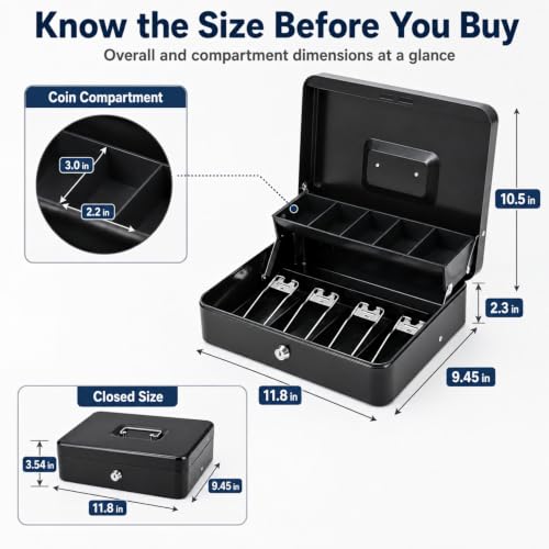 KYODOLED Black Metal Cash Box with Key Lock & Money Tray - 1mm Steel