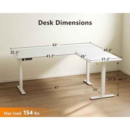 Casaottima 63 Inch Reversible Electric L Shaped Standing Desk, Height Adjustable Corner Stand up Desk, Ergonomic Large Lift Table for Home, Office, Workstation, White