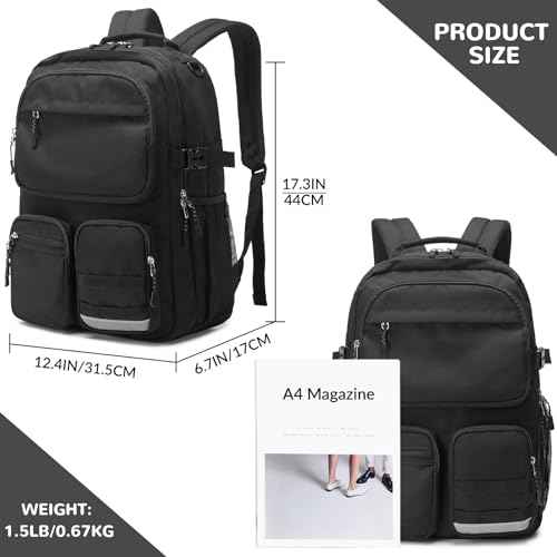 Lohol Water Resistant Backpack with Multifunctional Pockets for Teens, Durable Bookbag fits 15.6 inch Laptop for School Travel College, 25L (Black)