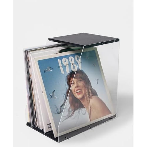 Vinyl Record Storage Rack, 40LPs+ Capacity Wooden Vinyl Albums Display Organizer with Acrylic Board, Quick Assembly Retro Style Record Storage Box for CD, Magazine, File