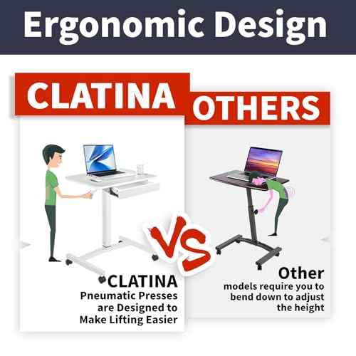 CLATINA Mobile Laptop Standing Desk, Height Adjustable Teacher Podium with Lockable Wheels, Adjustable Work Table with Drawer, Computer Cart Overbed Table for Home Office Classroom, White