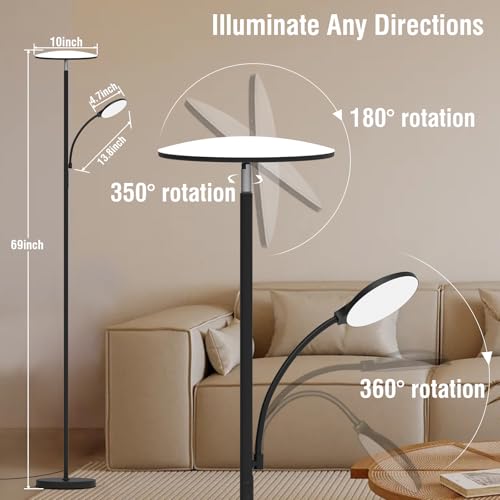 Floor Lamp, 2025 Upgraded 42W 4500LM Super Bright LED Floor Lamp with Rotatable Reading Light, Touch Remote Control & Memory Function, Stepless Dimmable Standing Lamp for Living Room Bedroom, Black