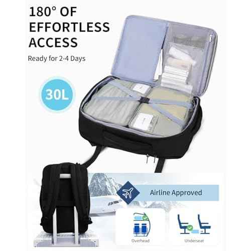 ECOHUB Carry On Travel Backpack, Expandable Airlines Personal Item Bag 18x14x8, Water Resistant 17 inch Laptop Backpack Flight Approved, 12 Pockets 30L Work Backpacks with Wet Pocket & Cable Slot