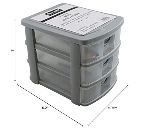 3 Drawer Mini Plastic Organizer Valet Makeup HBA Cosmetics Arts & Crafts Desktop Stationery Multi Purpose 7.5" x 6" x 6.5" (Gray)