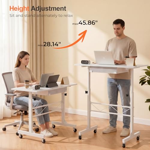 COMHOMA White Standing Desk with Storage Drawer - Height Adjustable Mobile Treadmill Workstation