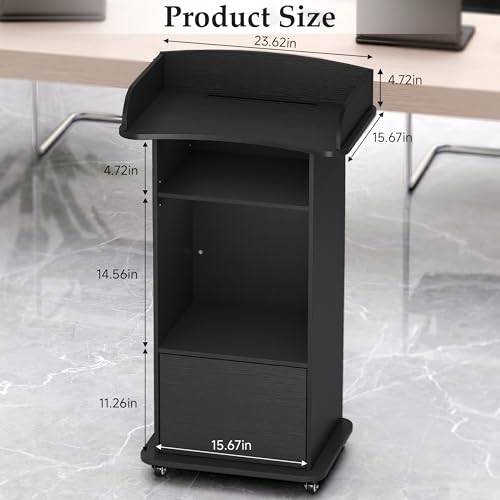 Suuiwau Portable Podium Stand with 4 Wheels, Black – Mobile Lectern with 2 Shelves, Cabinet & Desk for Church, Classroom, Restaurant, Office