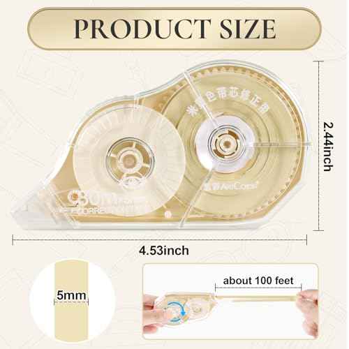 100 Feet Long Beige Correction Tape, Smooth Glide, No Residue, Quick Dry, Perfect for School, Office Supplies, Crafting, Note Taking, Journaling (2 Pack)