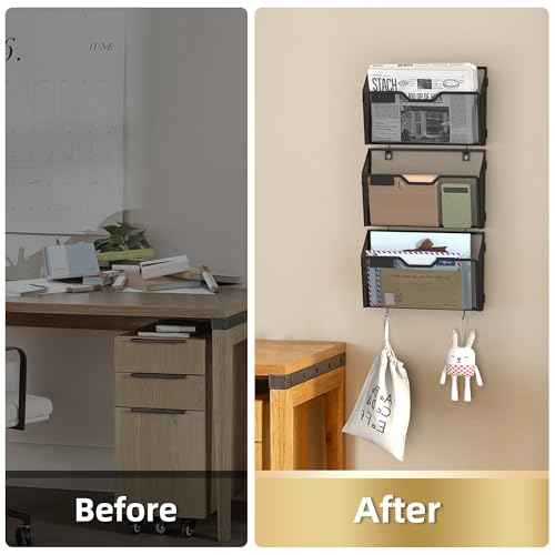 Docnest 6 Pack Hanging Wall File Holders, Mesh Wall Letter File Holder, Wall Mounted Mail Paper Document Folder Holder with Hooks for Office, Home, School, Black