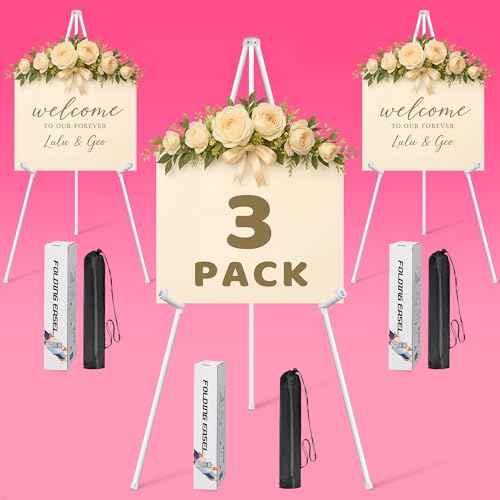 3 Pack White Easel Stand for Sign & Poster - 63" Adjustable Metal Easels for Wedding Welcome Sign, Painting, Canvas, Art Display - Portable Folding Tripod with Carry Bag, Holds 5 Lbs