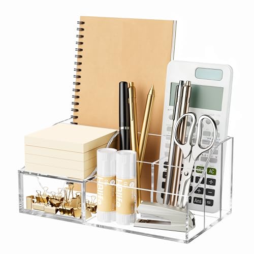 HBlife Clear Acrylic Desk Organizer with Drawer — 1 Pack, Multi-Compartment Office Supply Caddy
