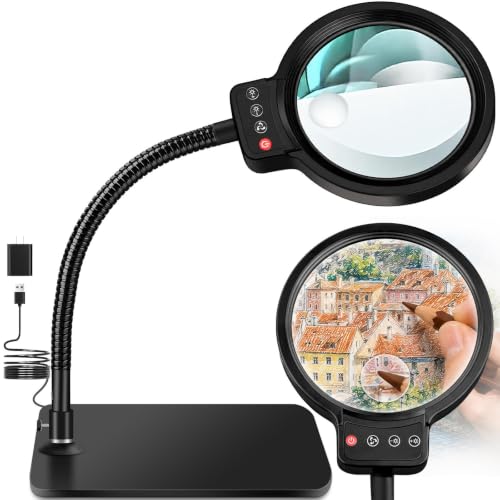 Black 30X-12X Magnifying Glass with Light & Stand, 5-Inch HD Lens