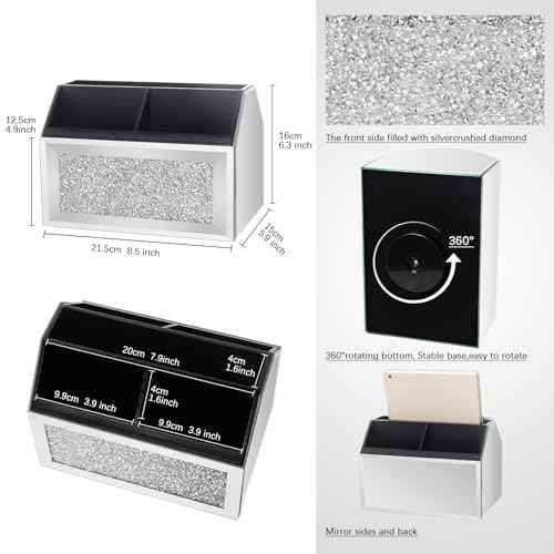 SWTHONY 360 Rotating TV Remote Control Holder Storage Caddy for Pad Phone Pen and Pencils, Makeup Brush, Silver Crushed Diamond Desk Organizer for Bedroom Livingroom