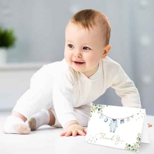 Whaline 50 Pack Baby Shower Thank You Cards Boxed Blue Cloth Note Card with Envelopes Stickers Greeting Blank Cards for Boy Birthday Baby Shower