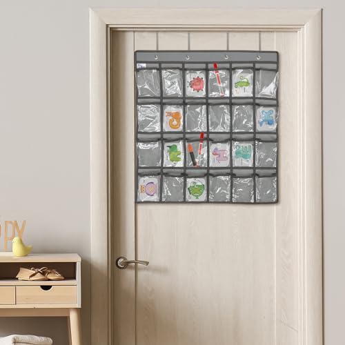DOITOOL 24 Clear Pockets Classroom Pocket Chart for Cell Phones Calculator Holder Over The Door Hanging Closet Jewelry Organizer Clear Pocket Chart Organizer for Classroom Cellphone Storage