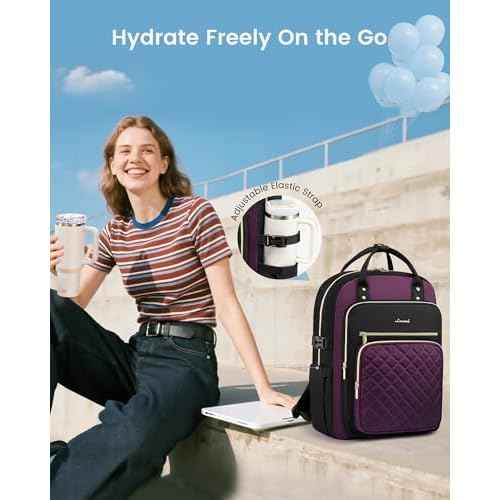 LOVEVOOK Laptop Backpack for Women with Giant Tumbler Holder Pocket, 15.6 Inch Water Resistant Lightweight Daypacks for College Work Business, Nurse Teacher Computer Bags, Purple Black