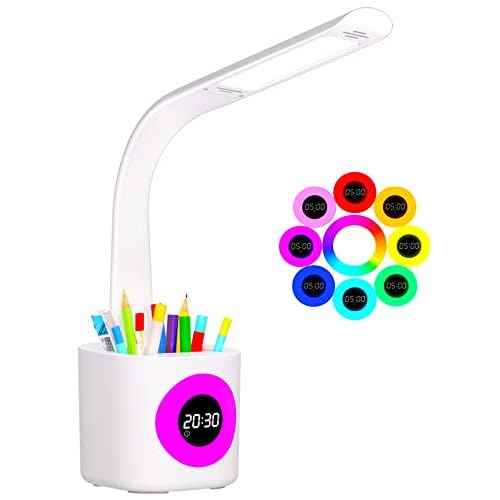 YOUKOYI LED Desk Lamp with Clock, Kids Desk Lamp, 10W Dimmable Study Lamp with Pen Holder, 4 Lighting Modes&5 Brightness Level with Color Changing Nightlight, Desk Lamps for Home Office, Gift for Kids
